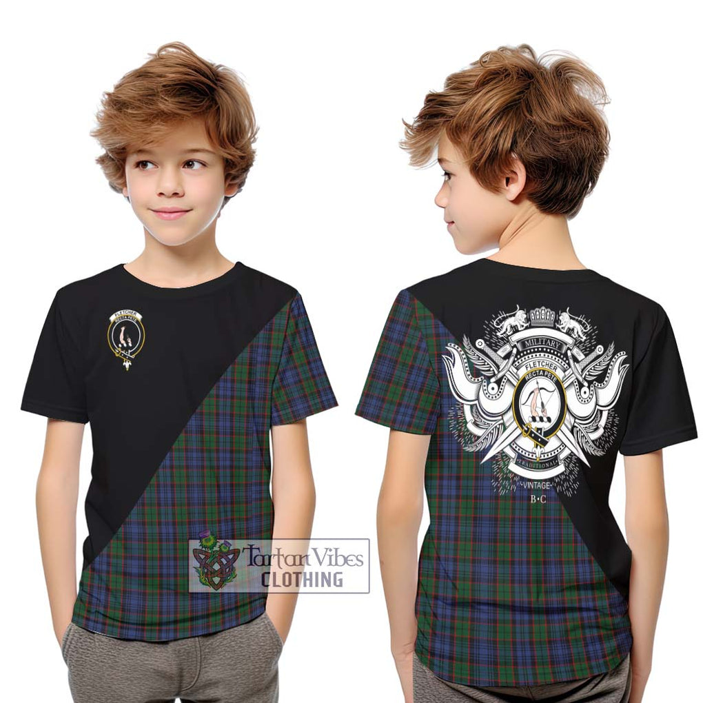 Fletcher Tartan Kid T-Shirt with Family Crest and Military Logo Style Youth XL Size14 - Tartanvibesclothing Shop