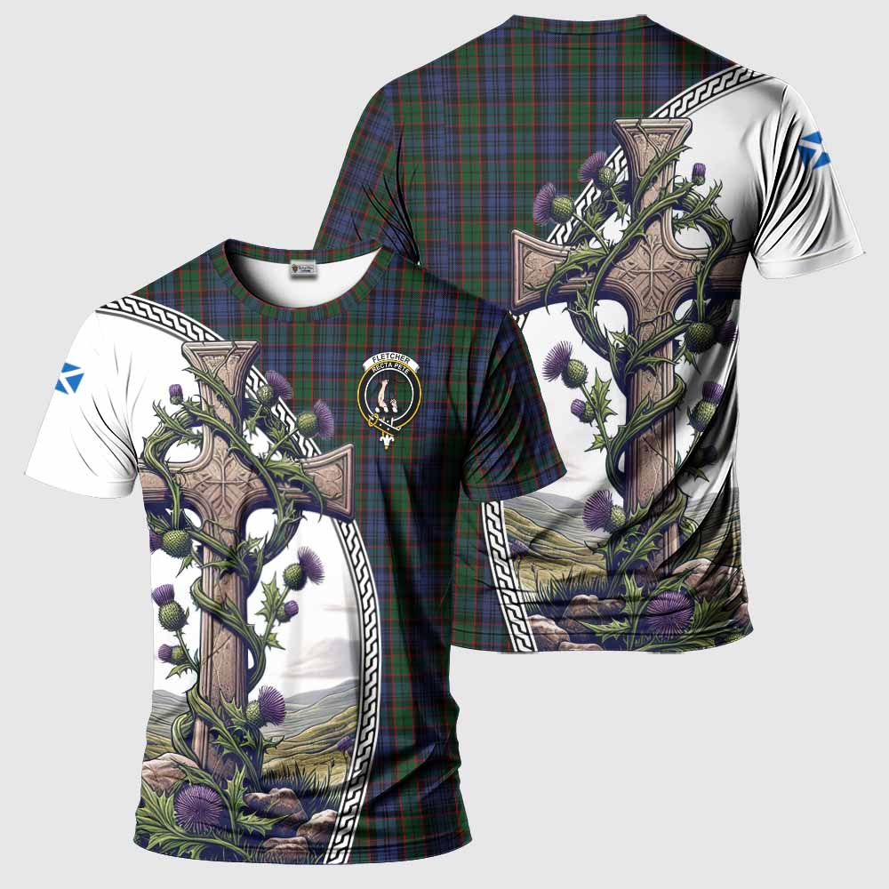 Tartan Vibes Clothing Fletcher Agnew Tartan T-Shirt with Family Crest and St. Andrew's Cross Accented by Thistle Vines