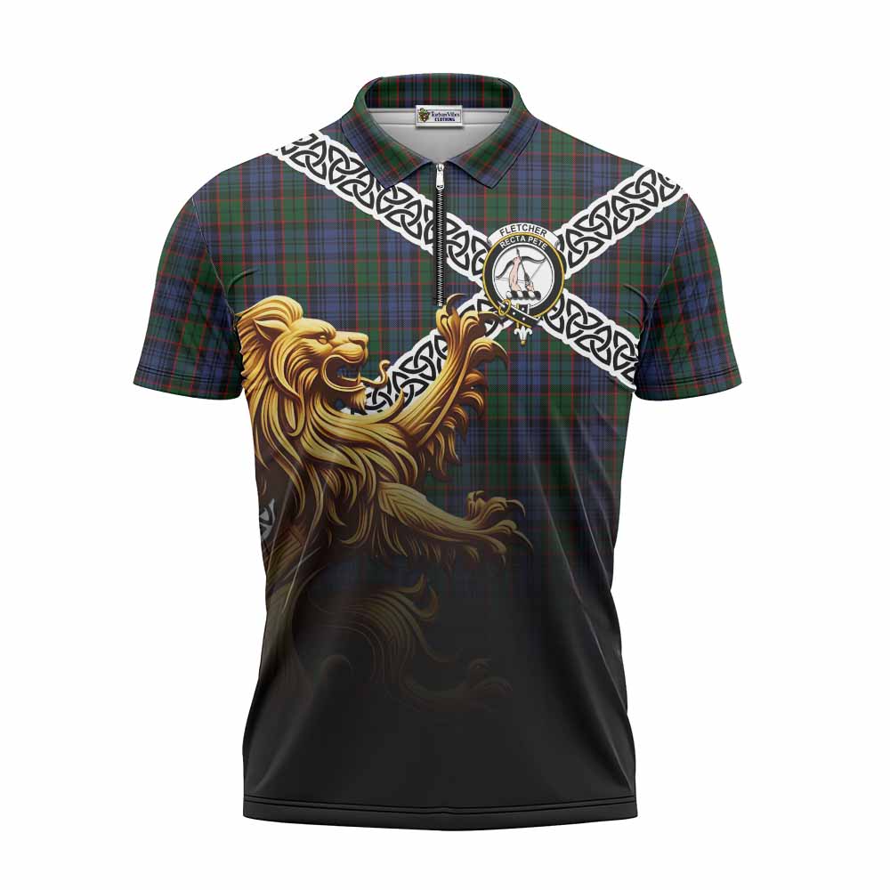 Tartan Vibes Clothing Fletcher Crest Tartan Zipper Polo Shirt with Golden Lion Emblem Celtic Style