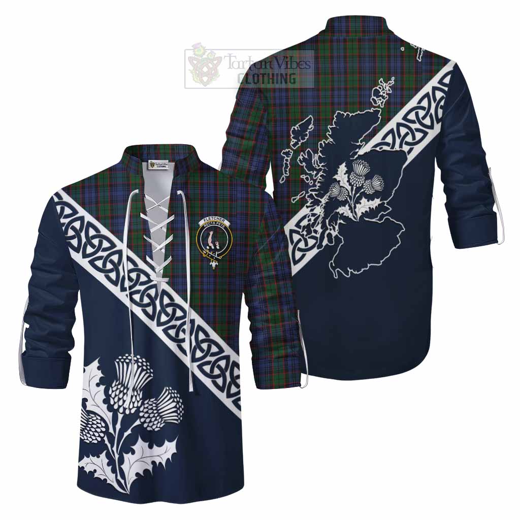 Tartan Vibes Clothing Fletcher Tartan Ghillie Kilt Shirt Featuring Thistle and Scotland Map