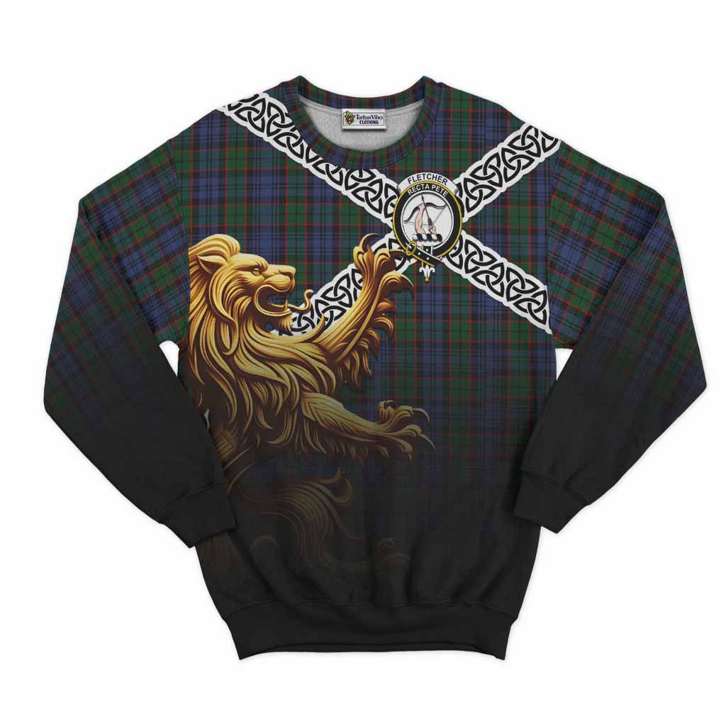 Tartan Vibes Clothing Fletcher Crest Tartan Sweatshirt with Golden Lion Emblem Celtic Style