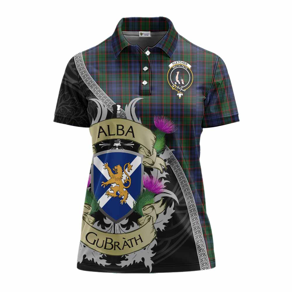 Tartan Vibes Clothing Fletcher Tartan Family Crest Women's Polo Shirt Lion Rampant Royal Thistle Shield Celtic Inspired