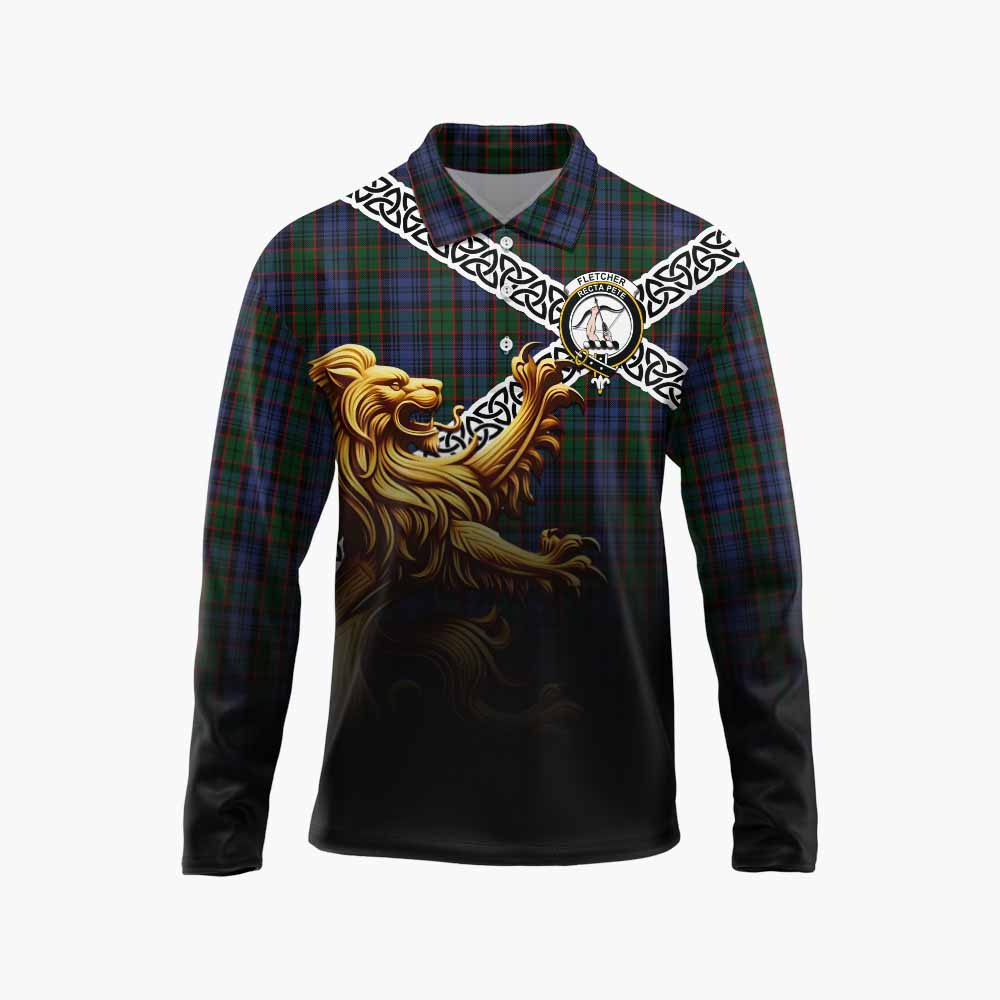 Tartan Vibes Clothing Fletcher Crest Tartan Long Sleeve Polo Shirt with Golden Lion Emblem Celtic Style