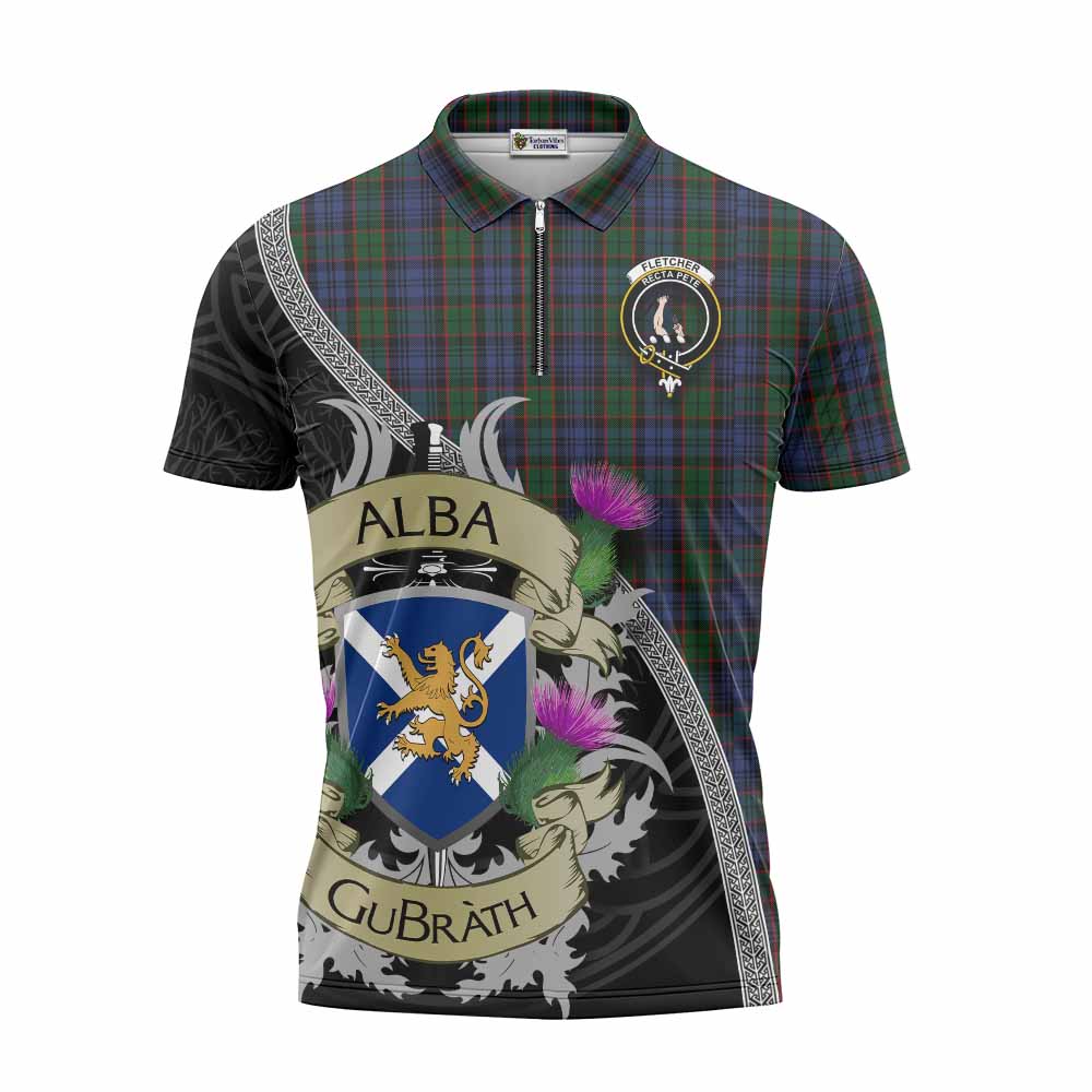 Tartan Vibes Clothing Fletcher Tartan Family Crest Zipper Polo Shirt Lion Rampant Royal Thistle Shield Celtic Inspired
