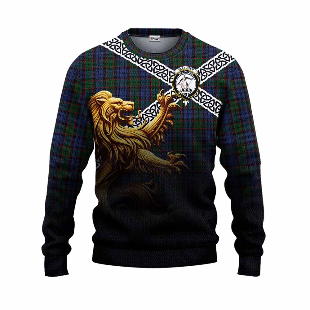 Tartan Vibes Clothing Fletcher Crest Tartan Knitted Sweater with Golden Lion Emblem Celtic Style