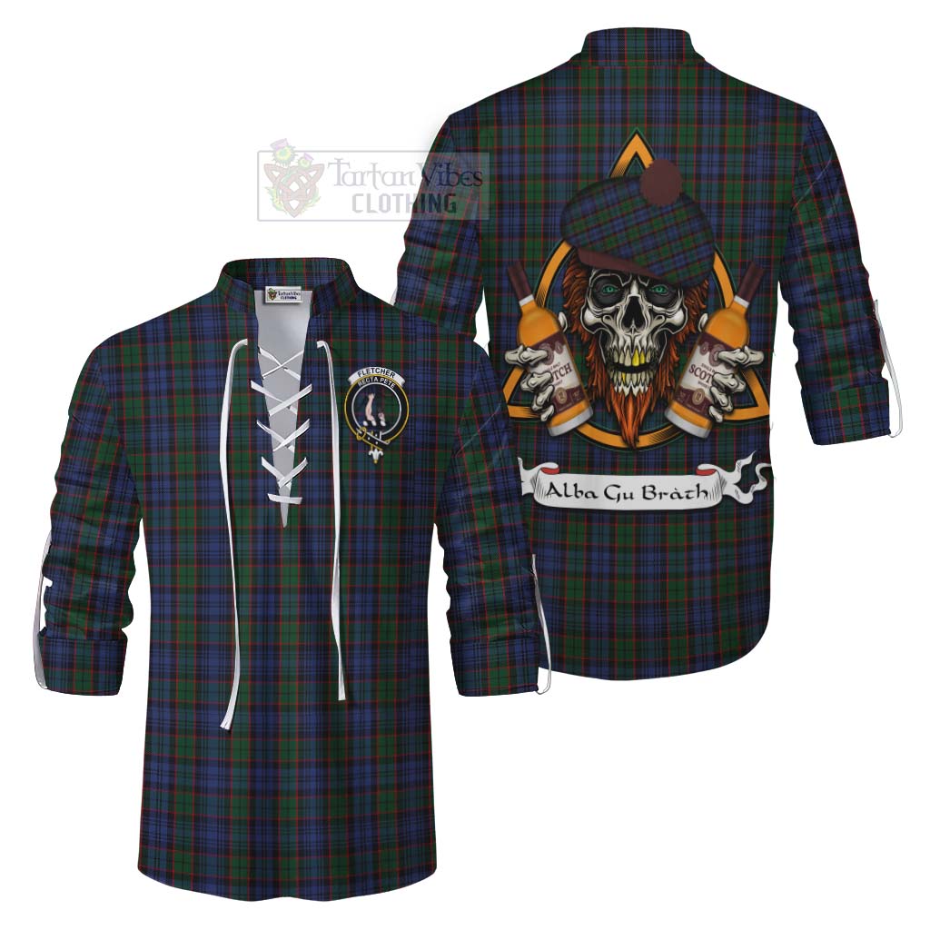 Tartan Vibes Clothing Fletcher Tartan Ghillie Kilt Shirt with Family Crest and Bearded Skull Holding Bottles of Whiskey