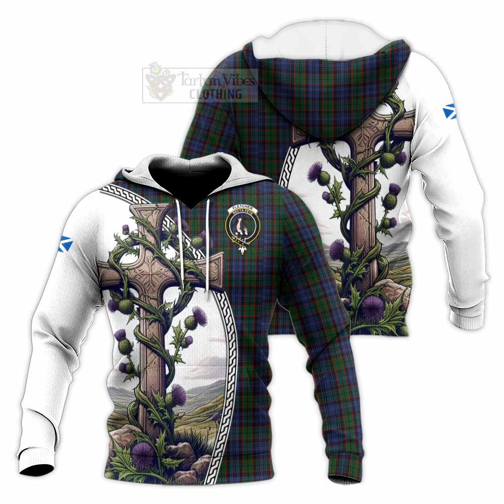 Tartan Vibes Clothing Fletcher Tartan Knitted Hoodie with Family Crest and St. Andrew's Cross Accented by Thistle Vines