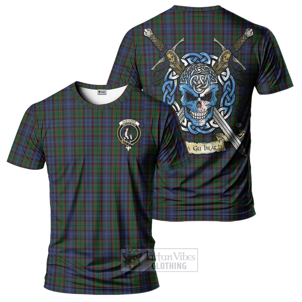 Tartan Vibes Clothing Fletcher Tartan T-Shirt with Family Crest Celtic Skull Style