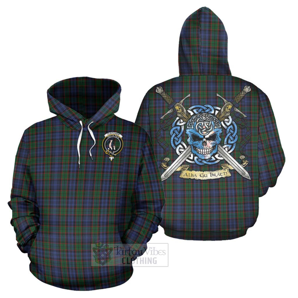Tartan Vibes Clothing Fletcher Tartan Hoodie with Family Crest Celtic Skull Style