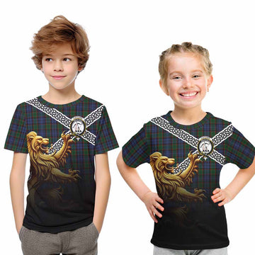 Tartan Vibes Clothing Fletcher Crest Tartan Kid T-Shirt with Golden Lion Emblem Celtic Style