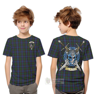 Tartan Vibes Clothing Fletcher Tartan Kid T-Shirt with Family Crest Celtic Skull Style