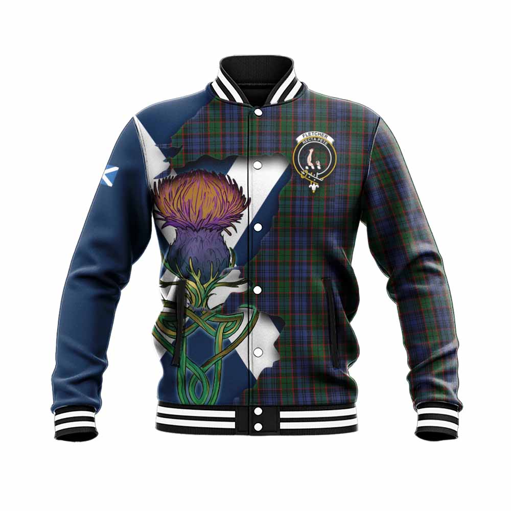 Tartan Vibes Clothing Fletcher Tartan Family Crest Baseball Jacket Scottish Thistle Celtic Inspired