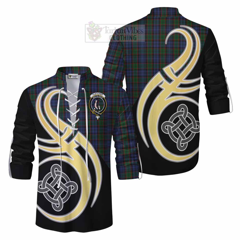 Tartan Vibes Clothing Fletcher Tartan Ghillie Kilt Shirt with Family Crest and Celtic Symbol Style