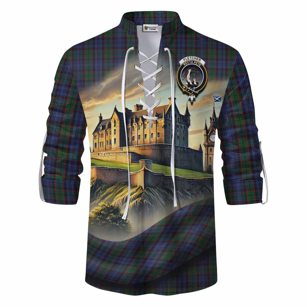 Tartan Vibes Clothing Fletcher Tartan Family Crest Ghillie Kilt Shirt with Scottish Ancient Castle Style