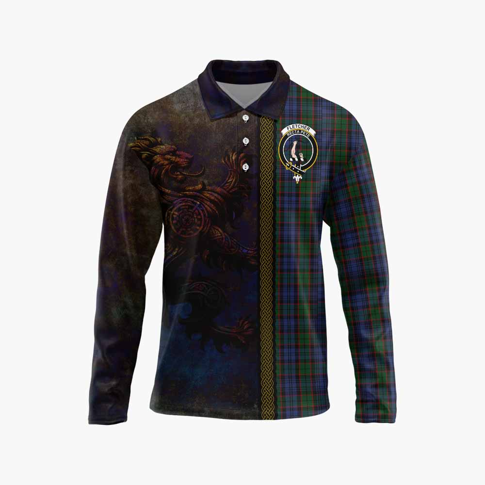 Tartan Vibes Clothing Fletcher Tartan Family Crest Long Sleeve Polo Shirt Alba Gu Brath Be Brave Lion Ancient Style