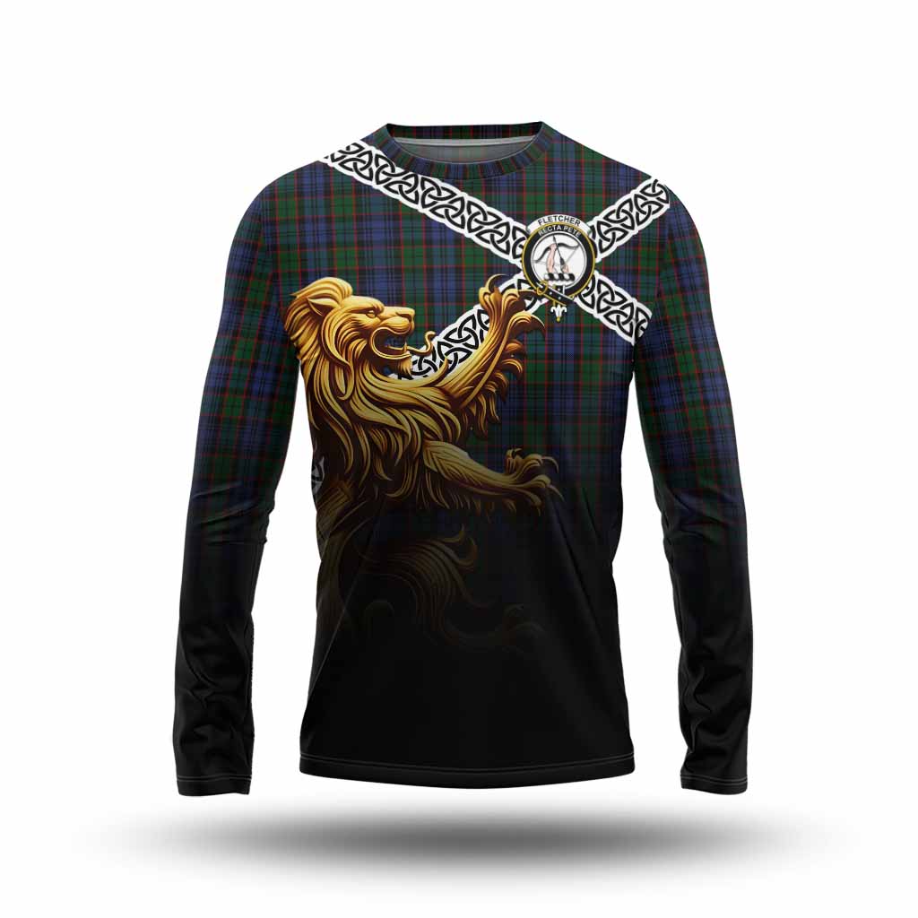 Tartan Vibes Clothing Fletcher Crest Tartan Long Sleeve T-Shirt with Golden Lion Emblem Celtic Style