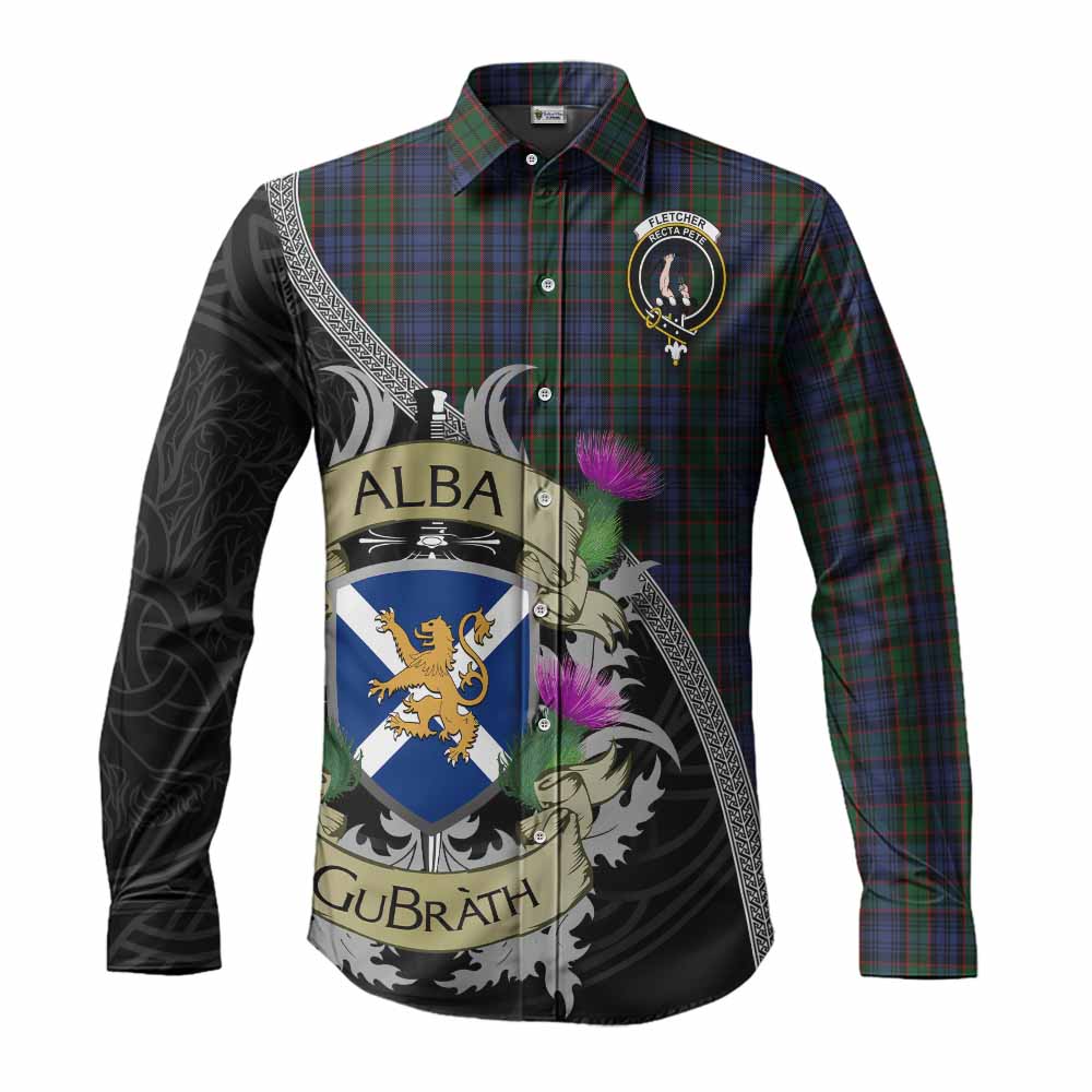 Tartan Vibes Clothing Fletcher Tartan Family Crest Long Sleeve Button Shirt Lion Rampant Royal Thistle Shield Celtic Inspired