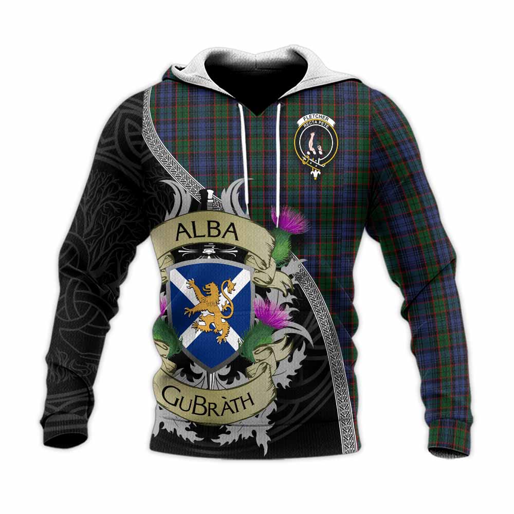 Tartan Vibes Clothing Fletcher Tartan Family Crest Knitted Hoodie Lion Rampant Royal Thistle Shield Celtic Inspired