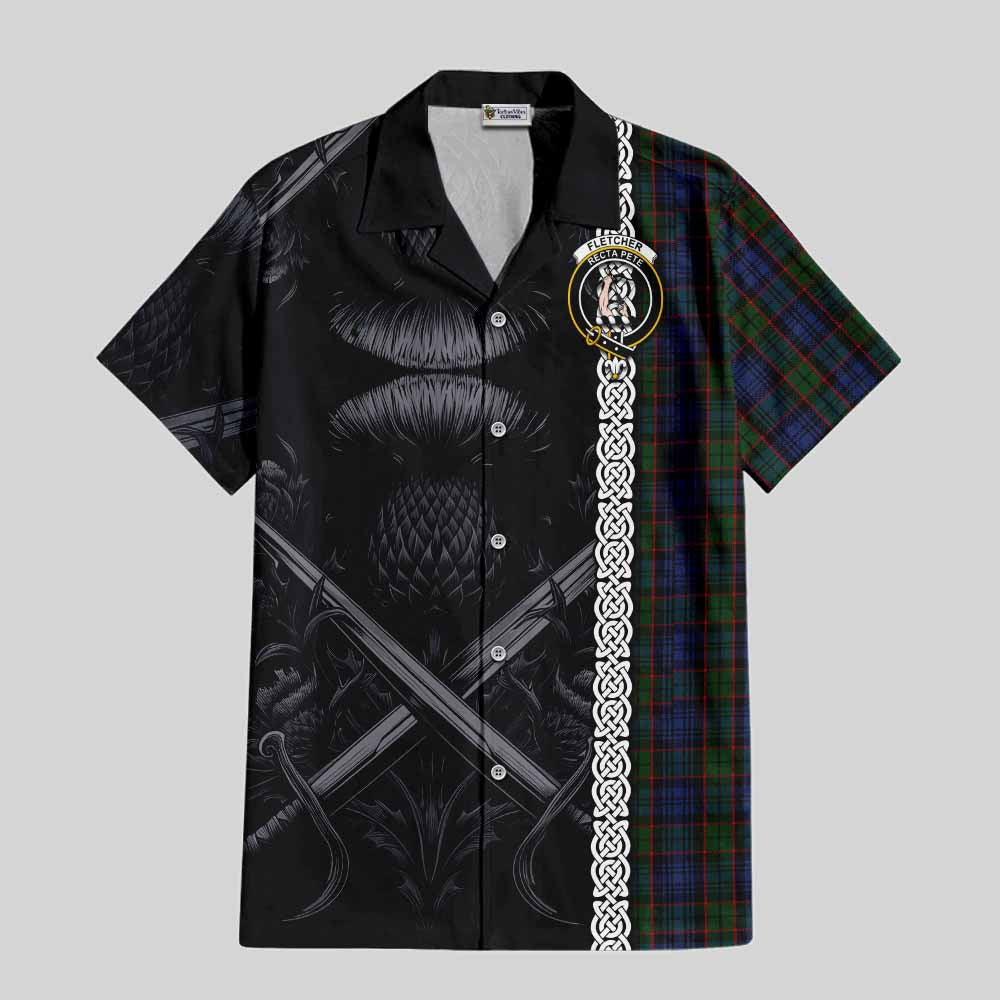 Tartan Vibes Clothing Fletcher Tartan Short Sleeve Button Shirt with Family Crest Cross Sword Thistle Celtic Vibes