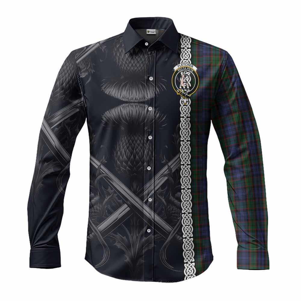 Tartan Vibes Clothing Fletcher Tartan Long Sleeve Button Shirt with Family Crest Cross Sword Thistle Celtic Vibes