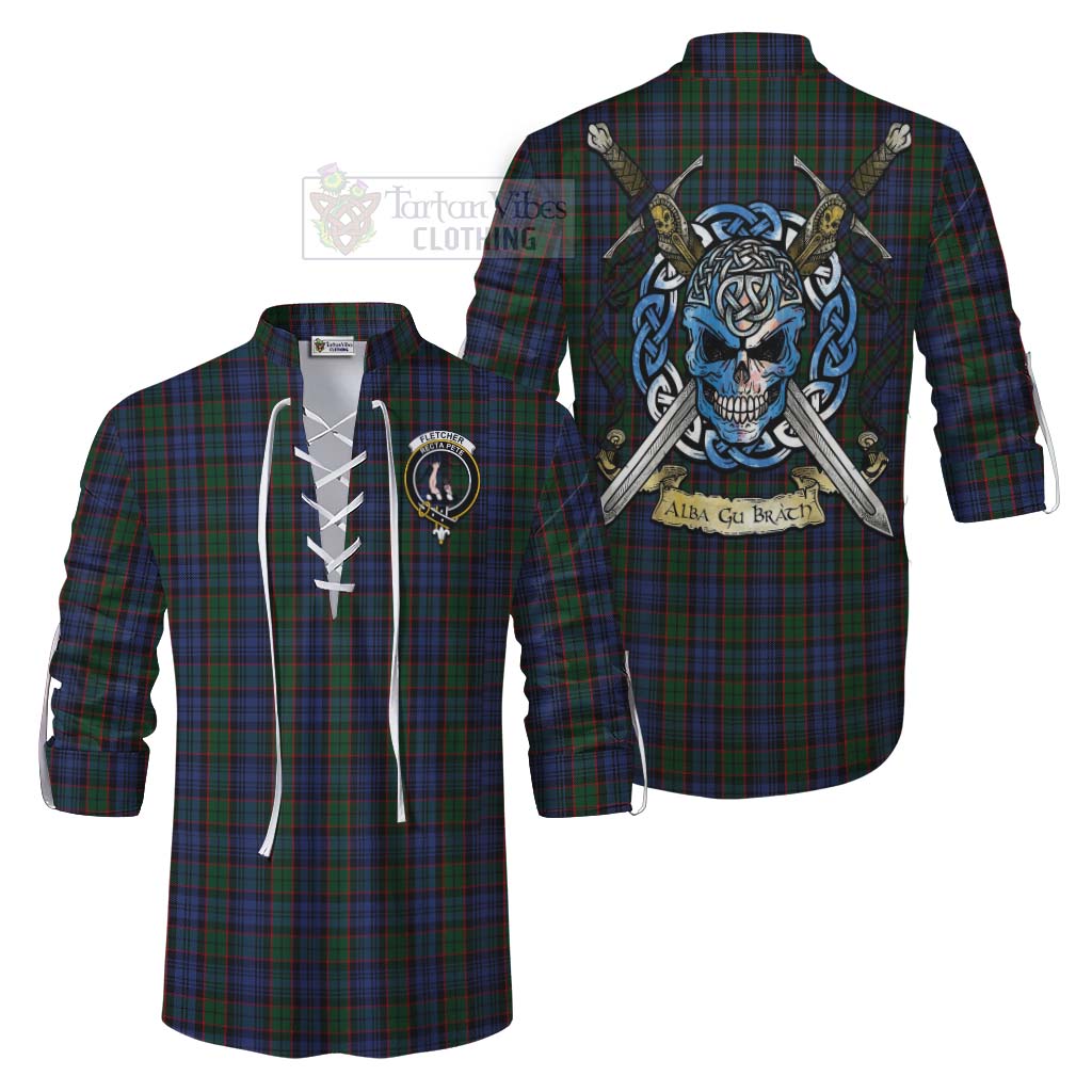 Tartan Vibes Clothing Fletcher Tartan Ghillie Kilt Shirt with Family Crest Celtic Skull Style