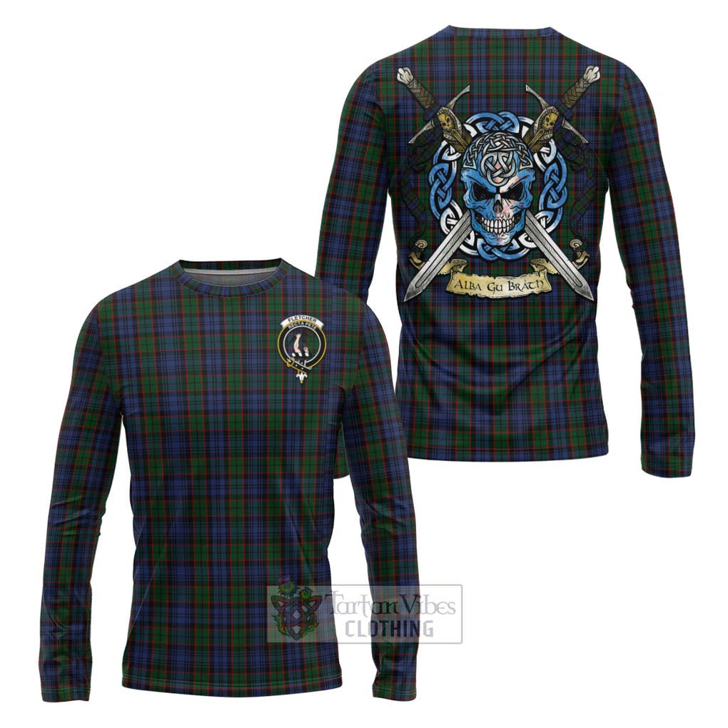 Tartan Vibes Clothing Fletcher Tartan Long Sleeve T-Shirt with Family Crest Celtic Skull Style