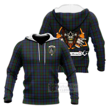 Fletcher Tartan Knitted Hoodie with Family Crest and Bearded Skull Holding Bottles of Whiskey