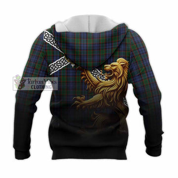 Fletcher Crest Tartan Knitted Hoodie with Golden Lion Emblem Celtic Style