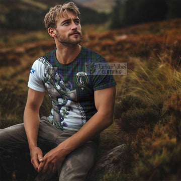 Fletcher Tartan T-Shirt with Family Crest and St. Andrew's Cross Accented by Thistle Vines - Tartan Vibes Clothing