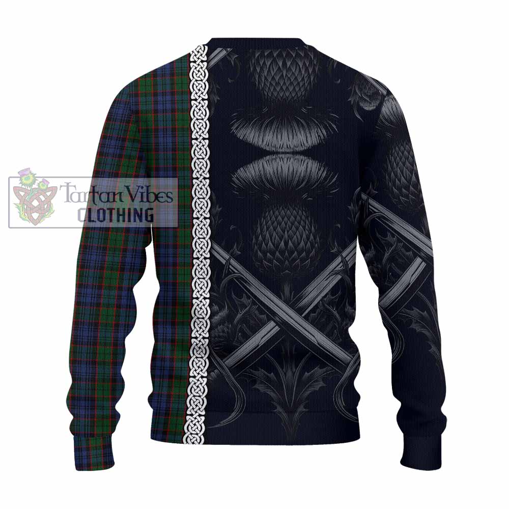 Tartan Vibes Clothing Fletcher Tartan Knitted Sweater with Family Crest Cross Sword Thistle Celtic Vibes