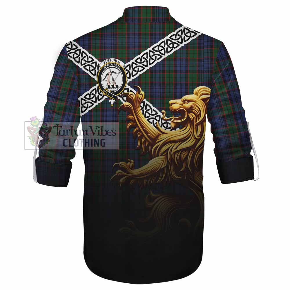 Tartan Vibes Clothing Fletcher Crest Tartan Ghillie Kilt Shirt with Golden Lion Emblem Celtic Style