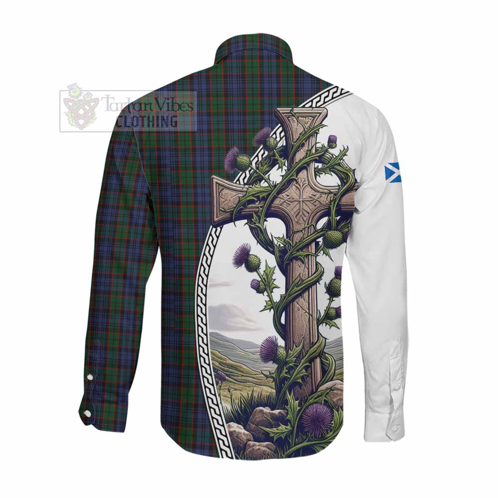 Tartan Vibes Clothing Fletcher Tartan Long Sleeve Button Shirt with Family Crest and St. Andrew's Cross Accented by Thistle Vines