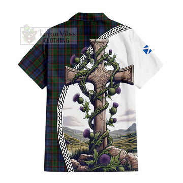 Fletcher Tartan Hawaiian Shirt with Family Crest and St. Andrew's Cross Accented by Thistle Vines
