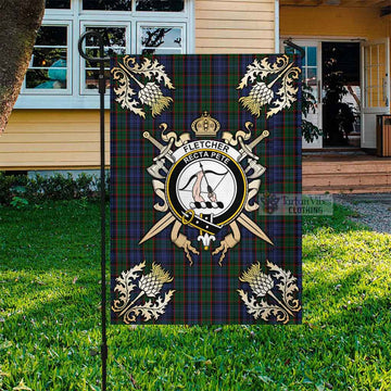 Fletcher Tartan Garden Flag with Family Crest and Golden Thistle Crossed Sword Design