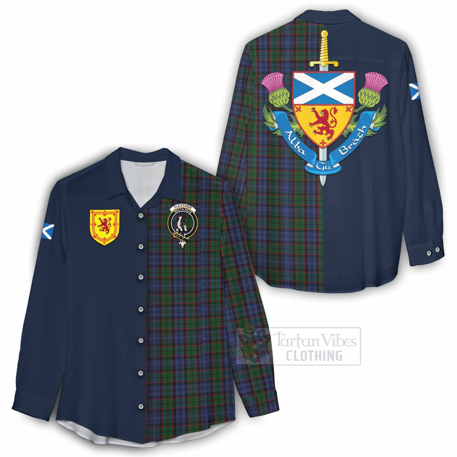 Tartan Vibes Clothing Fletcher Tartan Women's Casual Shirt Alba with Scottish Lion Royal Arm Half Style