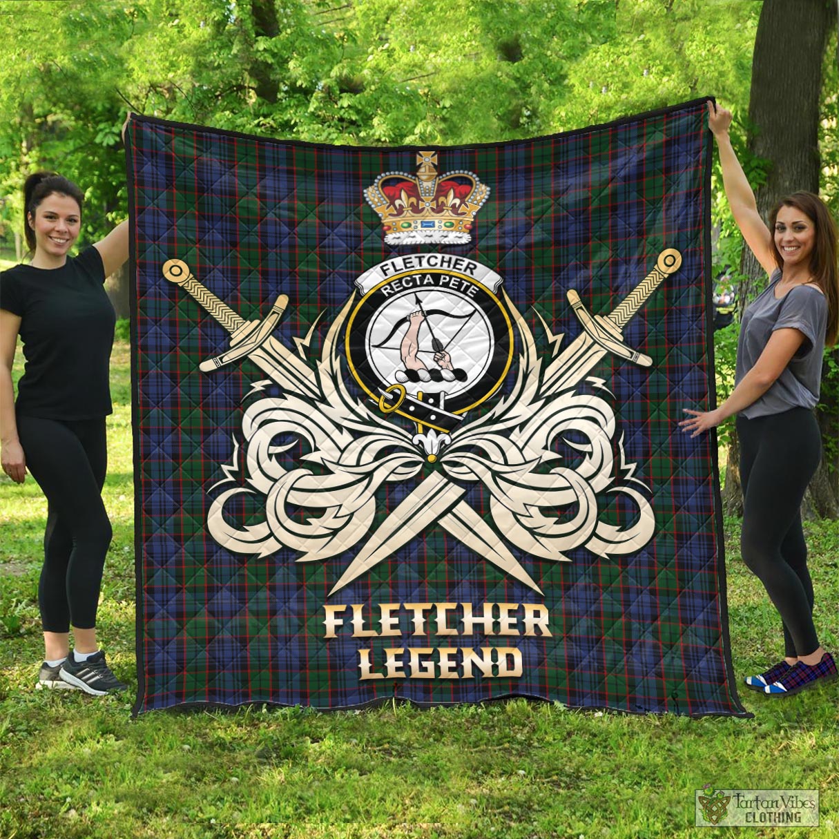 Tartan Vibes Clothing Fletcher Tartan Quilt with Clan Crest and the Golden Sword of Courageous Legacy