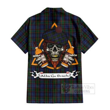 Fletcher Tartan Hawaiian Shirt with Family Crest and Bearded Skull Holding Bottles of Whiskey