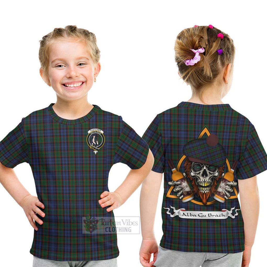 Tartan Vibes Clothing Fletcher Tartan Kid T-Shirt with Family Crest and Bearded Skull Holding Bottles of Whiskey