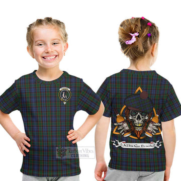 Tartan Vibes Clothing Fletcher Tartan Kid T-Shirt with Family Crest and Bearded Skull Holding Bottles of Whiskey