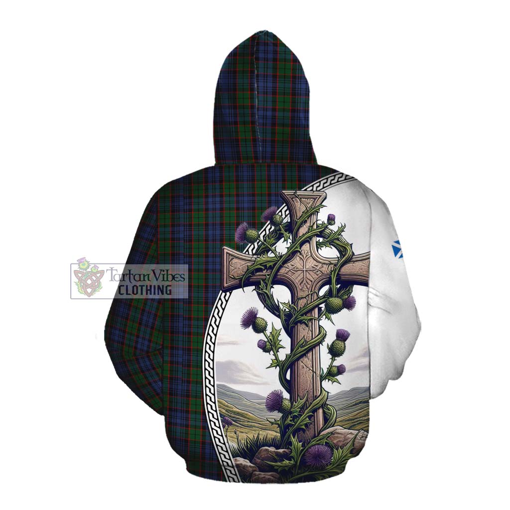 Tartan Vibes Clothing Fletcher Tartan Cotton Hoodie with Family Crest and St. Andrew's Cross Accented by Thistle Vines