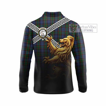 Fletcher Crest Tartan Long Sleeve Polo Shirt with Golden Lion Emblem Celtic Style