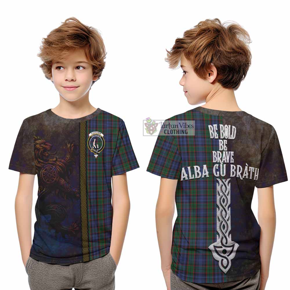 Tartan Vibes Clothing Fletcher Tartan Family Crest Kid T-Shirt Alba Gu Brath Be Brave Lion Ancient Style