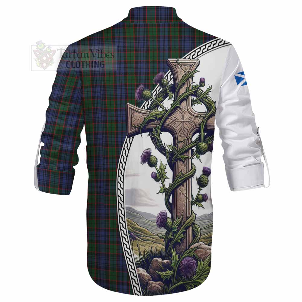 Tartan Vibes Clothing Fletcher Tartan Ghillie Kilt Shirt with Family Crest and St. Andrew's Cross Accented by Thistle Vines