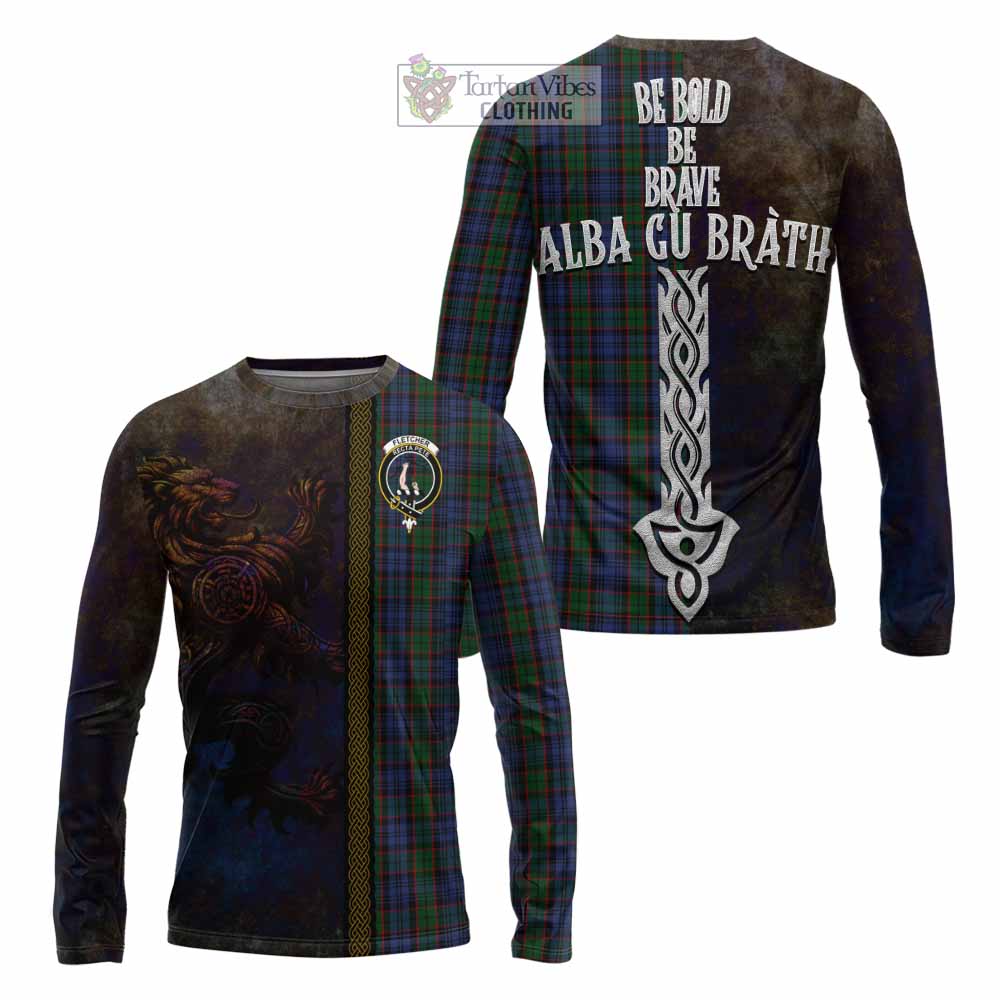 Tartan Vibes Clothing Fletcher Tartan Family Crest Long Sleeve T-Shirt Alba Gu Brath Be Brave Lion Ancient Style
