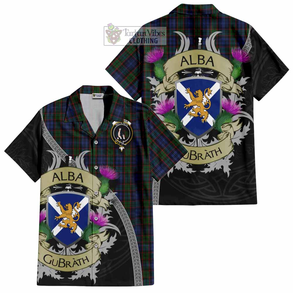 Tartan Vibes Clothing Fletcher Tartan Family Crest Short Sleeve Button Shirt Lion Rampant Royal Thistle Shield Celtic Inspired