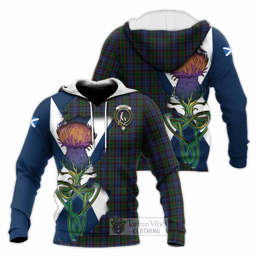 Tartan Vibes Clothing Fletcher Tartan Family Crest Knitted Hoodie Scottish Thistle Celtic Inspired