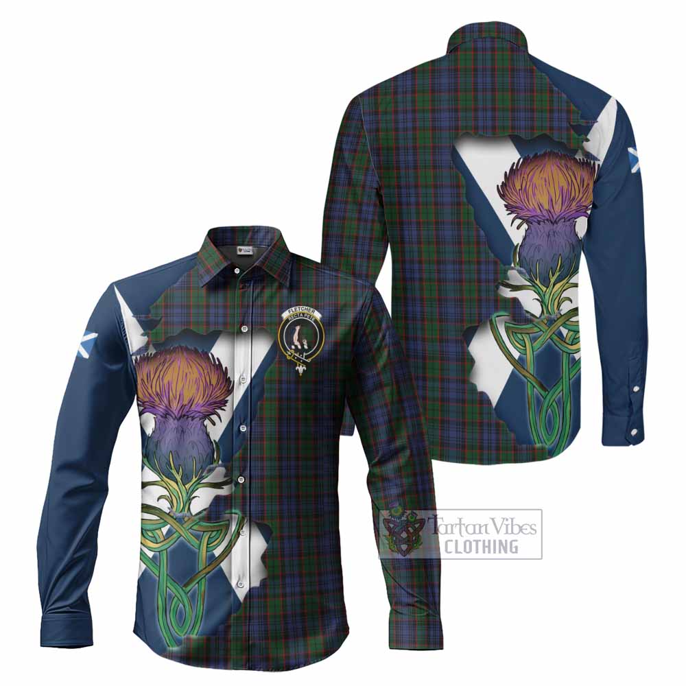 Tartan Vibes Clothing Fletcher Tartan Family Crest Long Sleeve Button Shirt Scottish Thistle Celtic Inspired