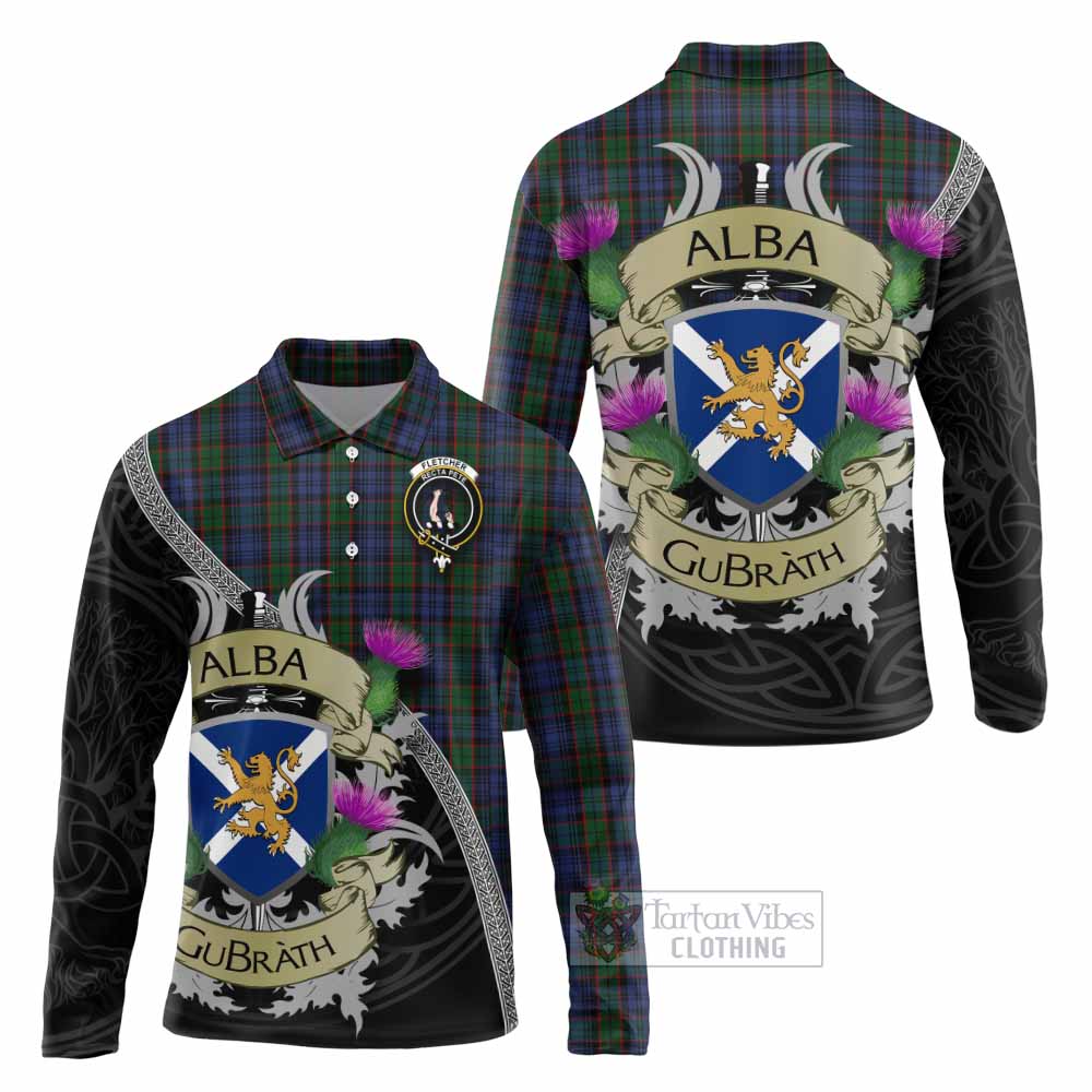 Tartan Vibes Clothing Fletcher Tartan Family Crest Long Sleeve Polo Shirt Lion Rampant Royal Thistle Shield Celtic Inspired