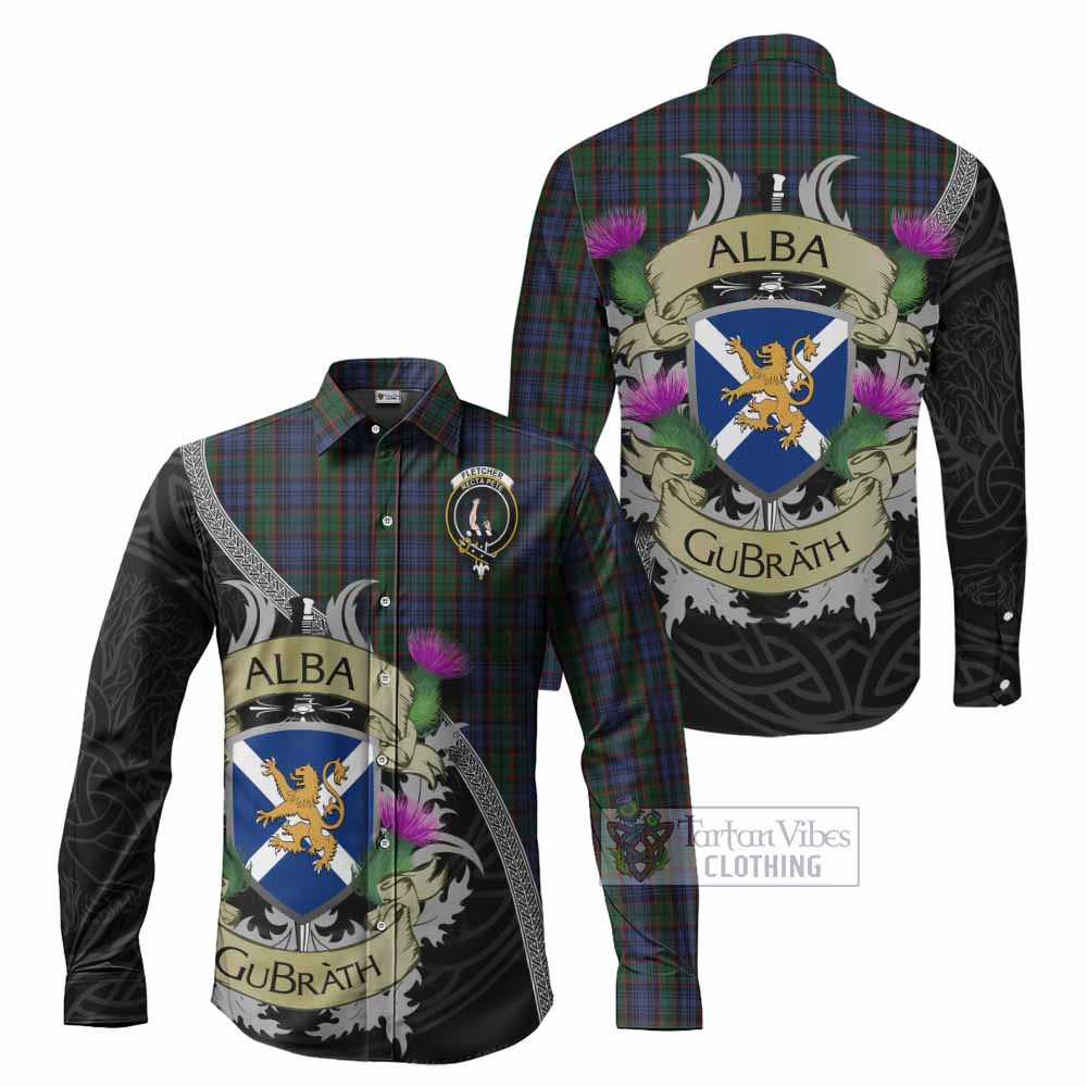 Tartan Vibes Clothing Fletcher Tartan Family Crest Long Sleeve Button Shirt Lion Rampant Royal Thistle Shield Celtic Inspired