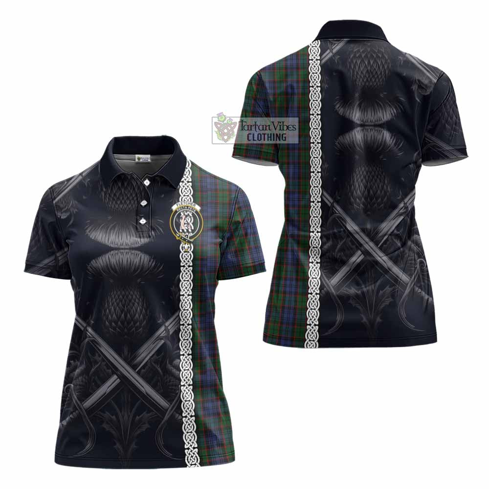 Tartan Vibes Clothing Fletcher Tartan Women's Polo Shirt with Family Crest Cross Sword Thistle Celtic Vibes